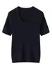 Camiseta de Punto Fina de Lana Nueva para Mujer, Primavera y Otoño, Cuello en U, Manga Corta, Color Sólido, Corte Delgado, Camiseta Básica