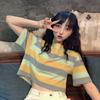 Nova T-shirt de Verão 2024 Estilo Coreano Solta com Listras Arco-íris Manga Curta Feminina Estudante Curta Cropped Tendência Top de Comércio Exterior