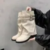 Moda Negro Remache Tacón Grueso Pierna Ancha Mujer 2026 Nuevo Verano Versátil Hebilla Caña Corta Botas Martin
