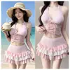 [Melocotón Dulce] Rosa Sin Tirantes Dos Piezas Lindo Verano Nuevo Sexy Resort Fuente Termal Traje de Baño para Mujeres