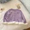 2026 Nuevo Cárdigan de Punto Trenzado con Bordado Floral Estilo Dulce para Niñas, Bloque de Color Morado con Ribete de Volantes