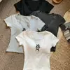 2025 Nuevo Estilo de Verano Ajustado Delgado Cuello en V Empalme de Encaje Camiseta Corta Chic de Manga Corta para Mujer Diseño de Nicho Top Corto