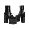Tamanhos 35-46 Zíper Lateral Botas Pretas de Cano Baixo Estilo Europeu e Americano Outono e Inverno Botas Martin de Couro Patente Bico Redondo Plataforma Impermeável Salto Quadrado