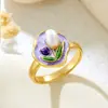 Anillo de Cobre con Flor de Esmalte Pintado y Microincrustaciones de Esmalte para Mujer, Joyería de Moda Transfronteriza, Estilo Chino, Personalizado, Diseño Abierto Ajustable