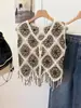 Colete Crochê Vazado com Franjas Novo Estilo Primavera/Verão 2026 para Mulheres, Peça de Roupa Superior Tricotada sem Mangas com Design Retrô