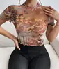 Verano Transfronterizo Nuevo Estilo Manga Corta Floral Sexy Chica Caliente Blusa de Gasa Top Estampado Camiseta para Mujer Europea y Americana Ropa para Mujer de Comercio Exterior