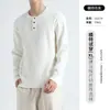 Camiseta Henley Masculina de Malha Waffle com Gola Henley e Manga Longa, Suéter Pulôver Casual, Peça de Baixo Tricotada