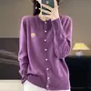 Abrigo Jersey Versátil Manga Larga Cuello Redondo Cardigan de Punto de Terciopelo Andy para Mujer Corte Holgado Bordado de Oso Color Sólido Elegante