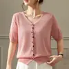 Estilo Minimalista Francês Gola V Tricô de Seda Gelada Cardigã Camiseta de Manga Curta Feminina Verão Design Fino Abotoado Confortável Respirável Top