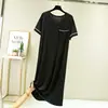 Vestido Feminino Curto de Manga Curta com Gola V e Bolso, Fino de Verão, Algodão Modal, Saia Base Solta Casual, Cobrindo a Barriga, Emagrecimento, Saia Longa