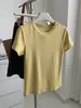 Toque de Luxo, Gola Redonda Larga, Cor Sólida, Camiseta Floral Pequena de Manga Curta para Mulheres, Algodão Tencel Macio e Elástico, Camiseta Básica com Caimento Regular para o Verão