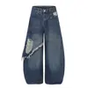 Jeans retro americano com franjas desgastadas, design rasgado, barra curva, para homens e mulheres, calça larga casual versátil e moderna