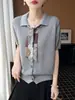 Top vintage de lino de bambú de manga corta con siete puntadas y decoración de corbata tipo bufanda, texturizado y transpirable, adecuado para primavera y verano, estilo versátil y artístico