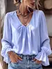 Camisa versátil de manga larga para mujer, color liso, cuello en V plisado, elegante y holgada, para uso transfronterizo europeo y americano, 2026, directamente de fábrica