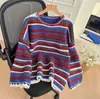 Suéter de tricô listrado colorido super estiloso para mulheres, nova coleção outono e inverno, corte solto casual, top color-blocking, moderno para mulheres