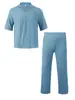 Conjunto de Ropa de Verano para Hombre Amazon Transfronterizo: Conjunto de Dos Piezas de Camisa Casual de Manga Corta de Color Sólido con Cuello en V de Sarga Suelta Transpirable y Pantalones Largos