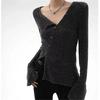 Diseño de Chica Americana Sexy Botonadura Diagonal Cuello en V Tejido de Punto para Mujer 2023 Otoño Nuevo Ajuste Slim Asimétrico Top de Manga Larga