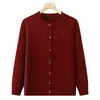 Cardigã de malha estilo mãe para outono e inverno, blusa de manga comprida, gola redonda, blusa bordada, suéter, peça de outer wear para mulheres de meia-idade e idosas