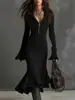 Otoño 2026 Moda Transfronteriza Europea y Americana Nuevo Elegante Vestido de Punto de Cola de Pez con Cuello de Cremallera y Mangas de Campana