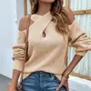 Amazon Otoño Invierno Nuevo Estilo Europeo y Americano Color Sólido Hombros Descubiertos Cruzado Halter Manga de Farol Suéter de Punto para Mujer Blanco