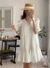 Talla actualizada Temperamento chic coreano Nuevo estilo de verano Francés Cuello en V Pliegues pesados Vestido holgado mujer