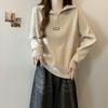 Suéter de Tricô Preto para Outono e Inverno, Caimento Solto, Estilo Coreano, Tamanho Grande, Versátil, Estiloso, Manga Longa, Gola Meia-Alta, Decote V A7634
