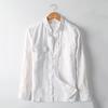 Roupa Masculina de Linho Camisa Casual de Linho Gola Lapela Bolso na Altura do Peito Manga Longa Solta Top C042