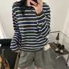 Blusa de tricô listrada color block com gola redonda e manga curta para mulheres, camiseta casual folgada de outono estilo preguiçoso, blusa para usar por baixo, top