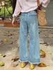 Jeans Rectos Desgastados de Color Claro para Mujer, Estilo Delgado de Verano, Pantalones Anchos Holgados Petite, Tallas Grandes, Pantalones Cropped Adelgazantes para Mujeres Curvilíneas
