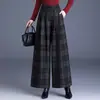 Calça de lã xadrez da moda de perna larga para mulheres, nova coleção outono/inverno 2026, cintura alta, afina a silhueta, perna reta, fluida, solta e casual.