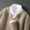 Suéter de punto 100% lana con cuello en V para otoño e invierno, camiseta base, suéter de punto de manga larga de color liso, moderno, holgado, casual para negocios
