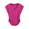 Camiseta feminina de cintura dupla irregular, plissada, justa, simples, cor sólida, para combinar, verão, decote em V, manga curta, top