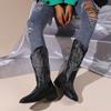 Botas Cowboy Ocidentais de Salto Alto Grosso Estilo Europeu e Americano para Mulheres, Botas Martin Slip-On Bordadas com Corte em V de Verão, Botas Curtas de Montaria Retro Slim de Cano Médio