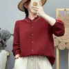 Camisa de Manga Longa de Gaze de Algodão Dupla Camada com Gola de Renda para Mulheres, Estilo Mori, Bordado Artístico, Macia e Amiga da Pele, Camisa Base 100% Algodão