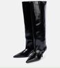 Botas Largas de Nuevo Estilo Europeo y Americano de Otoño e Invierno para Mujer, de Poner, Tacón Bajo, de Cuero, Botas Altas Negras, Look Delgado, Botas de Pasarela