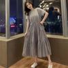 2024 verano nueva versión vestido de manga corta de malla con lentejuelas y costuras largas para mujer, hada chic suave