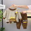 Bebê Cartoon Dinossauro Roupas Infantis 2024 Primavera e Outono Novo Estilo Elegante Listrado Suéter de Manga Comprida Duas Peças Elegante para Meninos e Meninas