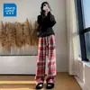 Pantalones de Lana a Cuadros Gruesos con Forro Polar para Mujer 2025 Otoño e Invierno Nuevos de Cintura Alta Adelgazantes de Pierna Recta Pantalones Gruesos con Forro Polar de Pierna Ancha para Mujer