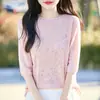 Nuevo tejido de punto de lana de hilo fino de manga corta con cuello redondo y patrón de gancho calado, suéter holgado para mujer, camiseta base