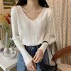 Suéter de Punto con Cuello en V y Agujeros para Otoño e Invierno Camiseta Base de Manga Larga para Mujer Estilo Coreano Ropa Exterior Holgada Ajustada