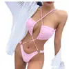 Traje de baño de venta directa de fábrica para mujer, estilo europeo y americano, bikini sexy de tres piezas de color sólido con lazo