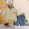 Traje Masculino Verão Estilo Western 2025 Novo Roupas Finas de Verão Bebê Lel Cor Sólida Manga Curta Roupas Infantis da Moda