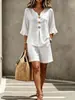 Conjunto de Duas Peças Feminino Casual Novo Europeu e Americano Comércio Exterior Transfronteiriço Blusa de Botão com Decote V Manga Três Quartos Franzida e Shorts