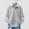 Sudadera con capucha estilo universitario 2026, dos piezas falsas, polo para hombre, diseño otoñal, solapa a rayas, patchwork