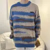 Suéter listrado com blocos de cor para outono e inverno masculino, gola redonda, malha de corte solto com textura macia de pelo sintético felpudo, perfeito para casais