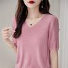 Primavera e Verão 2025 Nova Camiseta Tricotada Tencel Lyocell Decote V Manga Curta Camiseta Feminina Design Sensual Camiseta Básica com Pedraria