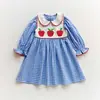 Roupa infantil importada, vestido color block com bordado de maçã para meninas, modelo primavera 2026, gola boneca com renda, vestido fofo para bebê