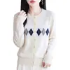 Cárdigan de punto jacquard con cuello redondo y estampado de rombos estilo francés transfronterizo, suéter retro preppy para mujer, corto, holgado, de manga larga