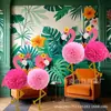Novo Conjunto de Flores de Papel Tridimensionais Flamingo Dupla Face da Amazon Decoração Suspensa Festa de Verão Aniversário Decoração Tema Rosa
