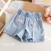 Shorts de Mezclilla de Verano para Niñas, Pantalones Cortos Calientes Elegantes y Lindos con Bordado de Parche de Dibujos Animados de Corazón, Pantalones Casuales Dulces Estilo Coreano